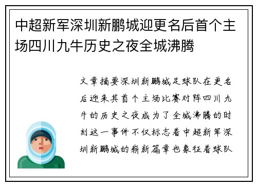 中超新军深圳新鹏城迎更名后首个主场四川九牛历史之夜全城沸腾 中超新军深圳新鹏城迎更名后首个主场四川九牛历史之夜全城沸腾